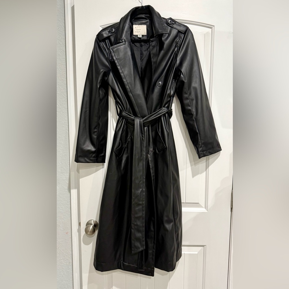 Black Faux Leather Trench Coat XS